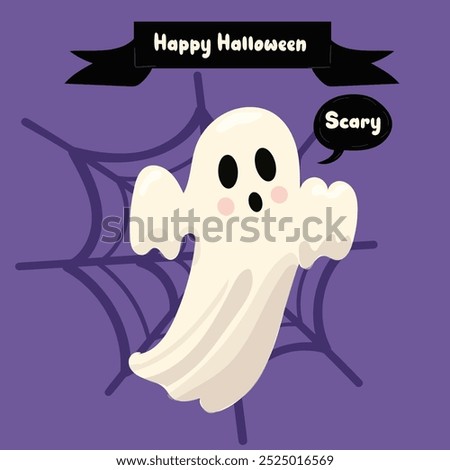 Purple Halloween poster.Ghost. Trendy flat style and funny characters. Cute vector poster for postcard, flyer, banner