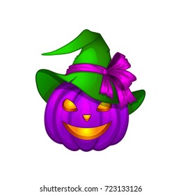 Purple Halloween pumpkin in a green witch hat with a purple bow. Happy funny face. Vector illustration on white background.