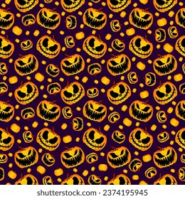 purple halloween seamless pattern evil pumpkin jack o lantern repeating tile spooky halloween background, orange scary pumpkin autumn fall backdrop creepy pumpkin face smile holiday repeat background