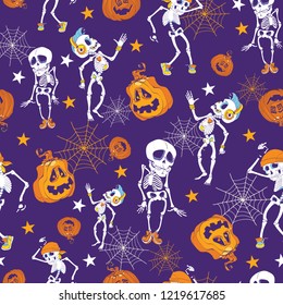 Purple Halloween skeletons and pumpkins pattern. Great for spooky holiday wallpaper, backgrounds, invitations, packaging design projects. Surface pattern design.