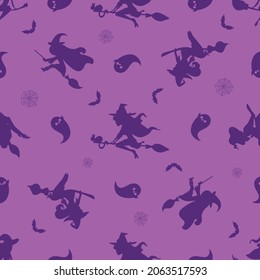 purple halloween themed vector seemless pattern, abstract color witch and ghost wrapping paper, halloween background