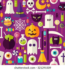 Purple Halloween Trick or Treat Objects Seamless Pattern. Flat Design Vector Seamless Texture Background. Halloween Holiday Template. 