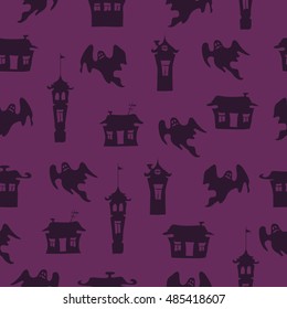 Purple Halloween vector background with ghosts and doodle houses. Seamless pattern. 