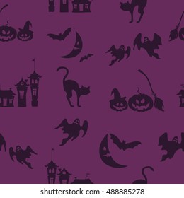 Purple Halloween vector background with ghosts, doodle houses, pumpkins. Seamless pattern with holiday symbols. 