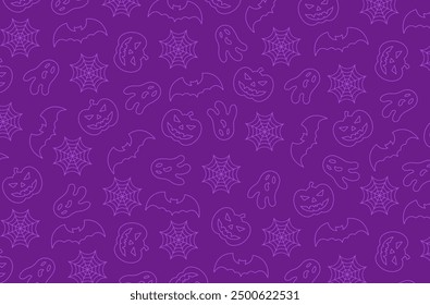 Purple halloween vector background with pumpkins, bats, ghosts and spider webs.