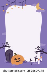 Uma carta roxa com tema de Halloween com um fantasma de abóbora na cova