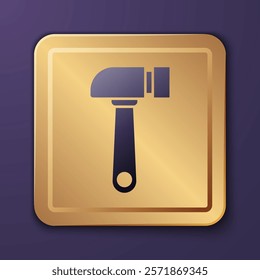 Purple Hammer icon isolated on purple background. Tool for repair. Gold square button. Vector Illustration