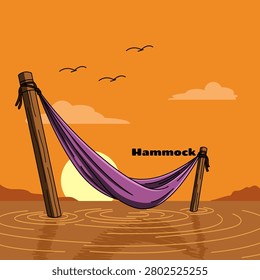 Purple hammock over water sunset illustration. Minimalist vector art of a purple hammock strung between two wooden posts over calm water during a warm, vibrant orange sunset with birds flying overhead. National Hammock Day, July 22nd