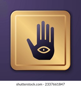 Purple Hamsa hand icon isolated on purple background. Hand of Fatima - amulet, symbol of protection from devil eye. Gold square button. Vector
