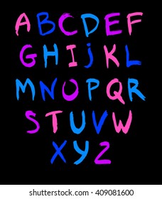 purple hand drawn alphabet, bright funny colorful alphabet, blue abc, hand drawn abc, purple letters, colorfull funny letters on black, alphabet on black, hand drawn letters, hand calligraphy