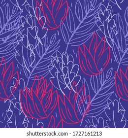 Purple hand drawn (chalk texture) modern seamless pattern for textile. Floral elements - violet leaves and pink flowers. Good for apparel, wrapping paper, wallpaper. Dark doodle style design.