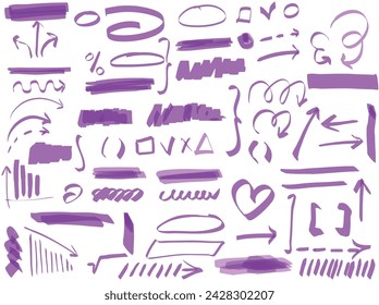 Purple hand drawn highlighter set. Vector hand drawn graphic stylish elements. Marker pen highlight underline strokes.