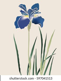 Purple hand drawn iris flower on beige  gray background. Vector illustration