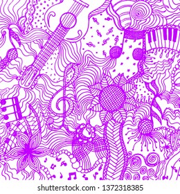 Purple hand drawn music pattern with different elements in doodle style on white background. Backdrop vector illustration