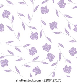 Purple hand drawn roses isolated on white background seamless pattern. Simple design. Tender botanical pattern