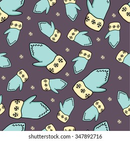 Purple hand drawn seamless pattern with mittens and snowflakes. Decorative vector ornamental background. Can be used for textile design, bag template, packaging.