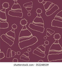 Purple hand drawn seamless pattern with winter hats. Decorative vector ornamental background with winter caps. Can be used for textile design, bag template, packaging.