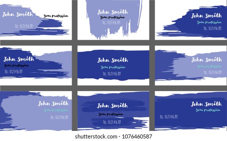 Purple Hand Painted Vector Business Cards Template. Funky Corporate Identity Textured Design. Grungy Business Cards, Poster Template Collection Retro Hipster Banners, Ads Horizontal Background.