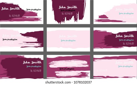 Purple Hand Painted Vector Business Cards Template. Funky Corporate Identity Textured Design. Brushstroke Stripes Business Cards Template Set. Future Hipster Banner, Ads Horizontal Cool Prints