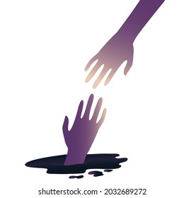 A purple hand is stuck in a swamp, a helping hand is approaching it. The concept of mutual aid for victims of narcissistic violence, support,  difficult relationships and psychological problems. 