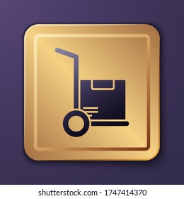 Purple Hand truck and boxes icon isolated on purple background. Dolly symbol. Gold square button. Vector Illustration