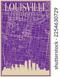 Purple hand-drawn framed poster of the downtown LOUISVILLE, UNITED STATES OF AMERICA with highlighted vintage city skyline and lettering