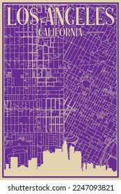 Purple hand-drawn framed poster of the downtown LOS ANGELES, CALIFORNIA with highlighted vintage city skyline and lettering