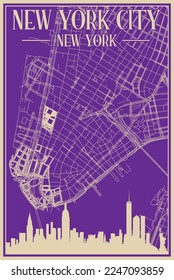 Purple hand-drawn framed poster of the downtown NEW YORK CITY, NEW YORK with highlighted vintage city skyline and lettering
