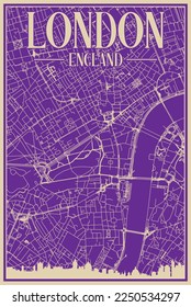 Purple hand-drawn framed poster of the downtown LONDON, ENGLAND with highlighted vintage city skyline and lettering