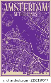 Purple hand-drawn framed poster of the downtown AMSTERDAM, NETHERLANDS with highlighted vintage city skyline and lettering