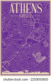 Purple hand-drawn framed poster of the downtown ATHENS, GREECE with highlighted vintage city skyline and lettering