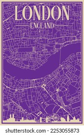 Purple hand-drawn framed poster of the downtown LONDON, ENGLAND with highlighted vintage city skyline and lettering