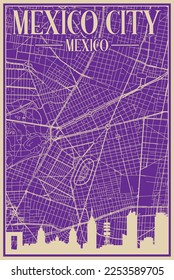 Afiche enmarcado a mano morado del centro de la ciudad de MÉXICO, MÉXICO con resaltado paisaje de ciudad vintage y letras