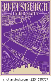 Purple hand-drawn framed poster of the downtown PITTSBURGH, UNITED STATES OF AMERICA with highlighted vintage city skyline and lettering