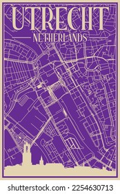 Purple hand-drawn framed poster of the downtown UTRECHT, NETHERLANDS with highlighted vintage city skyline and lettering