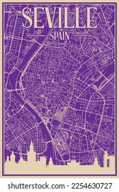 Afiche enmarcado a mano púrpura del centro de SEVILLE, ESPAÑA con destacado perfil de ciudad vintage y letras