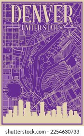 Purple hand-drawn framed poster of the downtown DENVER, UNITED STATES OF AMERICA with highlighted vintage city skyline and lettering