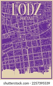 Purple hand-drawn framed poster of the downtown LODZ, POLAND with highlighted vintage city skyline and lettering