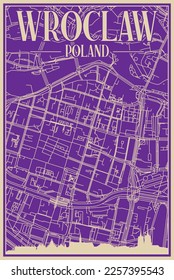 Purple hand-drawn framed poster of the downtown WROCLAW, POLAND with highlighted vintage city skyline and lettering