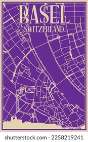 Purple hand-drawn framed poster of the downtown BASEL, SWITZERLAND with highlighted vintage city skyline and lettering