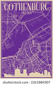 Purple hand-drawn framed poster of the downtown GOTHENBURG, SWEDEN with highlighted vintage city skyline and lettering