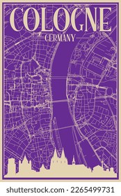 Purple hand-drawn framed poster of the downtown COLOGNE, GERMANY with highlighted vintage city skyline and lettering