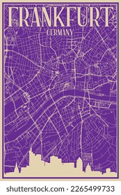 Violett handgezeichnetes Plakat der Innenstadt FRANKFURT, DEUTSCHLAND mit markierten Skyline und Buchstaben