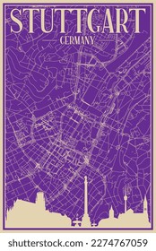 Purple hand-drawn framed poster of the downtown STUTTGART, GERMANY with highlighted vintage city skyline and lettering
