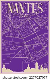 Purple hand-drawn framed poster of the downtown NANTES, FRANCE with highlighted vintage city skyline and lettering