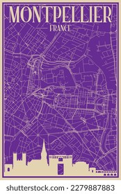Purple hand-drawn framed poster of the downtown MONTPELLIER, FRANCE with highlighted vintage city skyline and lettering