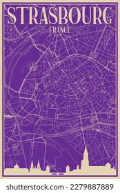 Purple hand-drawn framed poster of the downtown STRASBOURG, FRANCE with highlighted vintage city skyline and lettering