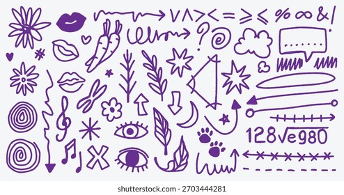 Lila handgezeichnete Bleistift doodle Vektordesign, Kritzeleien und Notenelemente. Pfeilvektorsatz. Bleistiftpinsel-Textur. Bleistift-Skizzenmarkierung unterstreichen Betonungsobjekt. skizzieren Sie einen naiven Stil.