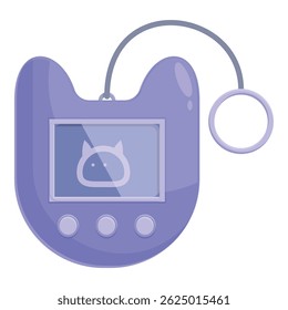 Purple handheld digital pet toy with a keychain is displaying a cute virtual pet on its screen