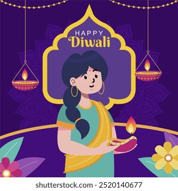 Purple Happy Diwali Festival 2024 with Indian Girl Brings Diya Illustration. Diwali "The Festival of Light" Background Celebration,Greeting Card, Vector, Banner, Poster, Social Media Feed.